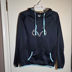 Women's Black Teal Camo REALTREE Size Medium Hoodie Sweatshirt with Pocket!‎